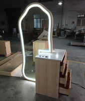 Station de coiffure avec miroir design moderne, éclairage LED, double face, en bois, avec tiroir