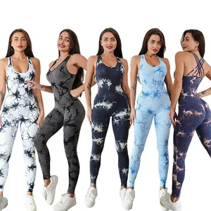 Yoke Womens Seamless Knitting Jumpsuit Sports Gym Fitness Sets Cross Back Tie Dye Romper Bodysuit