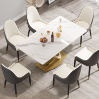 Ensemble de table à manger Voxhome avec base dorée élégante, surface rectangulaire inspirée du marbre avec fonction réglable, mobilier moderne pour la maison