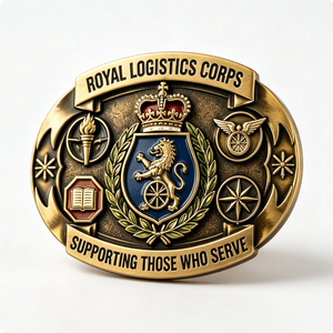 Boucle de ceinture du Corps logistique royal, en laiton plaqué or, avec emblème en relief et impression émail dur, cadeau d'affaires patriotique - Product Image 1