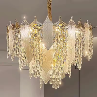 Lustre moderne en verre et acier inoxydable, suspension LED en forme de feuille et goutte de pluie en cristal pour salle à manger et chambre à coucher