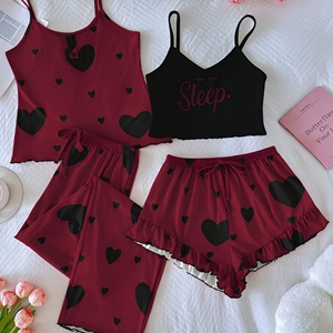 Conjunto de 4 piezas para mujer: Camisola, pantalones cortos, pijama, ropa de dormir con estampado de letras, top de dos tirantes, pantalones, atuendo de verano sin mangas, ropa de dormir. - Product Image 1
