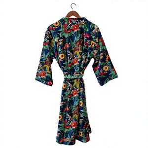 Floral Print Maxi Robe Loose Fit <b>Three</b> Quarter Sleeve Collared Neck Woven Velvet Casual Summer Dressing Gown With Belt - Product Image 1