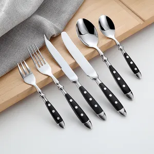 Phong cách cổ điển thép không gỉ Flatware Set Knife Fork Spoon Retro thiết lập dao kéo với đinh tán gỗ xử lý