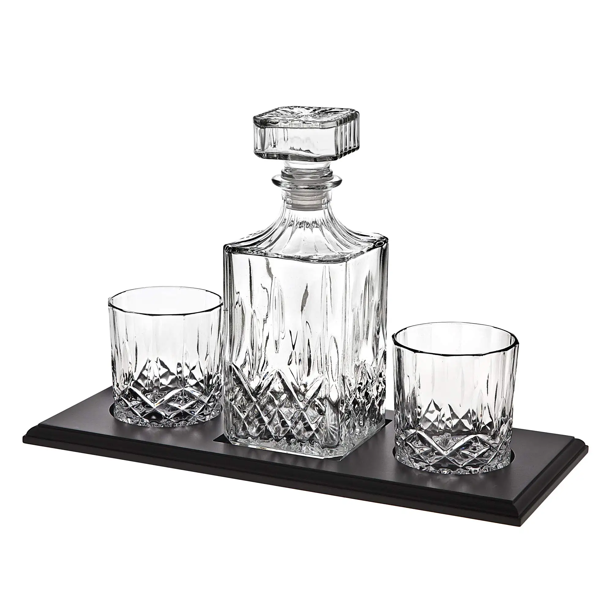 Godinger Whiskey Decanter and Whiskey Glasses Bar Set on Elegant Wooden Display Tray