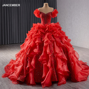 Magnifique Robe de Soirée Rouge en Tulle avec Appliques, Volants, Dos Nu et Perles, Traîne Maxi Rsm241070 - Product Image 1