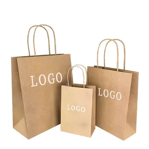 Sac d'emballage en papier kraft brun blanc avec impression de logo personnalisé à poignée supérieure, sac en papier kraft réutilisable avec poignée