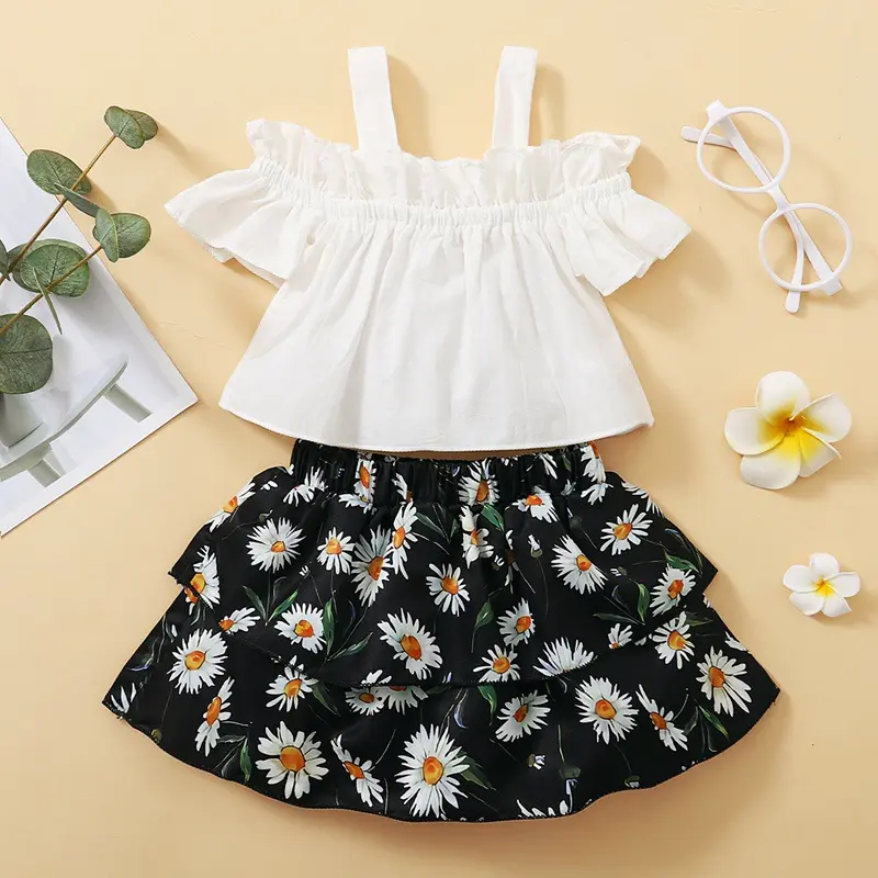 3270 Groothandel Kids Wit Kleding Meisje Kids Gedrukt Bloemen Baby Boutique Kleding Sets