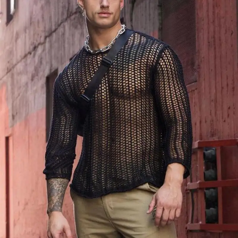 New Long-sleeved Sexy T-shirt Bottoming Shirt Fashion Woven Solid Color Mesh Knit Slim Tops Men Oversized T Shirt