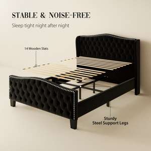 โครงเตียงไม้เนื้อแข็งหุ้มผ้ากำมะหยี่สีดำ สำหรับเตียงผู้ใหญ่ ใช้ในห้องนอนที่บ้าน - Product Image 5