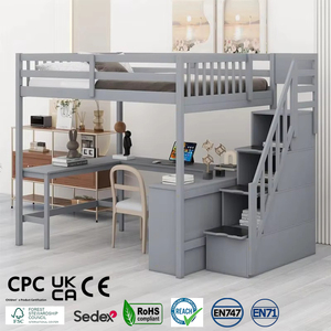 <span class=keywords><strong>Lit</strong></span> mezzanine moderne avec bureau <span class=keywords><strong>en</strong></span> L intégré et étagères de rangement à trois niveaux, escalier de rangement pour chambre à coucher - Product Image 1