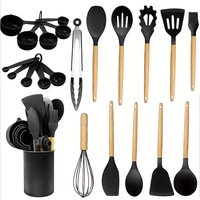 Ensemble d'ustensiles de cuisine en silicone 12 pièces avec support, ustensiles de cuisson antiadhésifs résistants à la chaleur, ensemble d'outils de cuisine à manche en bois