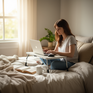 Tavolino Pieghevole per Laptop con Superficie in Legno e Metallo, Forma a Cuscino per Letto, Divano, Studio, Lavoro, Lettura, Scrittura - Product Image 2