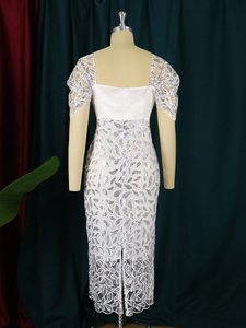 X8117 Nouvelles Tendances <span class=keywords><strong>Robe</strong></span> de <span class=keywords><strong>Soirée</strong></span> Élégante pour Femme, Col Carré, Dos Nu, Fendue, avec Patchwork en Tulle et Dentelle Blanche - Product Image 5