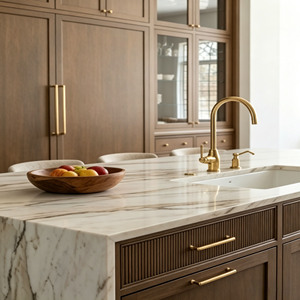 CBMmart Luxury Dark Walnut <strong>Kitchen</strong> Cabinets Classic Traditional Shaker Wooden Cabinetry <strong>with</strong> Marble Waterfall Island <strong>Bench</strong> - Product Image 3