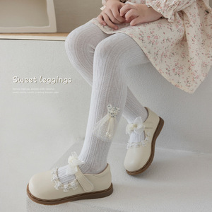 Leggings pour filles printemps-automne en gros avec nœud en dentelle sur un côté, couleur unie, en coton - Product Image 5