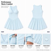 Robe de tennis plissée athleisure pour femme, col en V, avec short intégré et poche téléphone, en tissu non toxique, personnalisable avec logo et marque privée, vente en gros