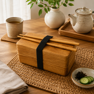 Boîte à lunch en bois de teck empilable, boîte à bento traditionnelle à étages avec compartiments séparés, durable - Product Image 2