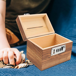 Caja de madera maciza para monedas, 16x13x12cm, caja de almacenamiento con cerradura de combinación para niños, para ahorrar dinero - Product Image 1