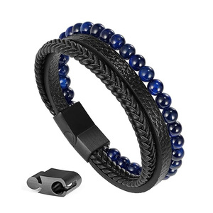 Men's Natural Stone <b>Beaded</b> Bracelet Black Blue <b>Braided</b> Leather Multi Layered Bangle Everyday Wear 7.5in 8.5in 9in - Product Image 1