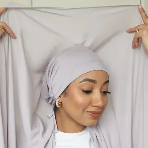批发时尚穆斯林女性二合一雪纺头巾预装软棉针织内帽飘逸雪纺即刻头巾围巾