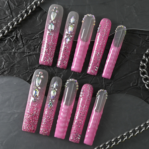 Uñas postizas de lujo de acrílico, largas, tipo ataúd, color rosa, cobertura completa, hechas a mano, con pedrería de estrellas, precio de fábrica al por mayor. - Product Image 2