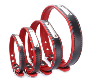 <span class=keywords><strong>Collar</strong></span> clásico de cuero auténtico para gatos y perros con nombre de mascota grabable, etiqueta de Metal, patrón sólido - Product Image 1