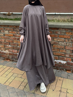 YXN043 Ensemble deux pièces gris minimaliste, robe islamique modeste à superpositions amples, kaftan décontracté à manches longues pour femmes musulmanes