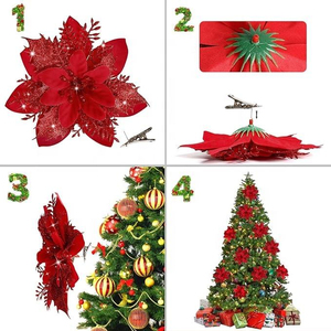Deep red sparkling <b>Christmas</b> flowers, plastic decorations, artificial <b>Christmas</b> <b>tree</b> wreath decorations - Product Image 1