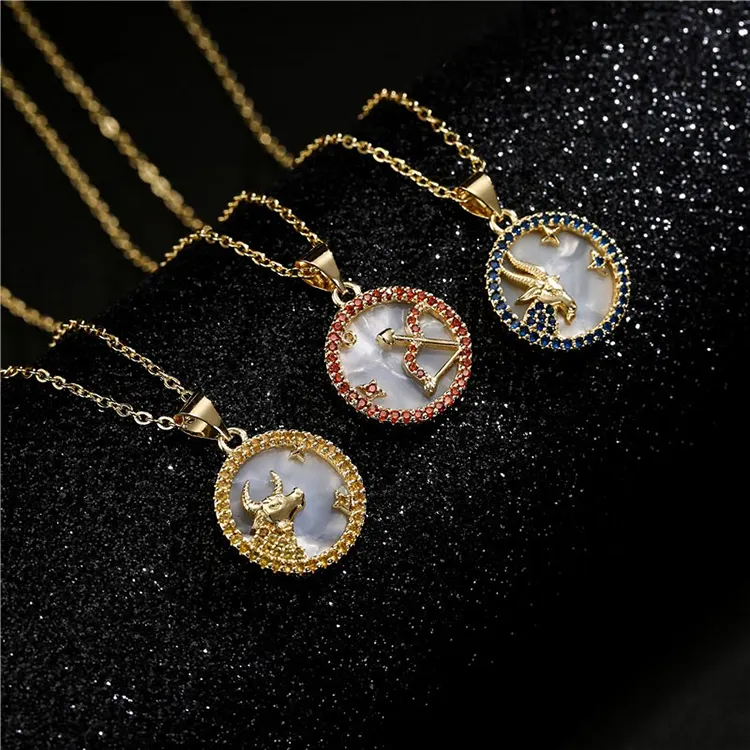 Wholesale Lucky Jewelry Personalized Fashion 12 Colors Cz Astrology Round Cubic Zirconia Zodiac Jewelry 18k Gold