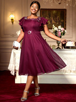 Robe de soirée vintage en tulle à col carré, manches bouffantes, froncée, coupe trapèze, ornée de cristaux, avec ceinture, grandes tailles