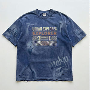 T-<span class=keywords><strong>shirt</strong></span> décontracté pour homme en tricot Spandex/Coton, motif rétro délavé arc-en-ciel, manches courtes déchirées, coupe ample, sérigraphie rapide - Product Image 1