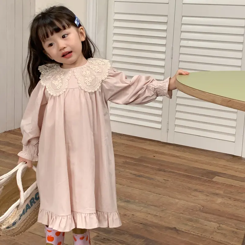 2023 New Spring Autumn Toddler Girl Pink Lace Collar Long Sleeved Princess Dress 2-6 Years