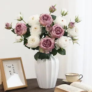 <span class=keywords><strong>Bouquet</strong></span> <span class=keywords><strong>de</strong></span> <span class=keywords><strong>fleurs</strong></span> artificielles haut <span class=keywords><strong>de</strong></span> gamme style européen Dela Show Rose Vintage à 2 têtes avec bords brûlés pour mariage et décoration intérieure - Product Image 3