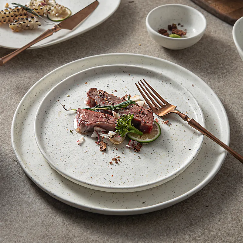 Toplu pratos de cerâmica de restaurante, mais novo logotipo personalizado fosco preto japonês cozinha redonda com manchas para restaurante