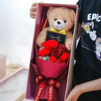 Ours en Peluche Fleurs Artificielles Florales pour Mariage, Bouquet de Roses en Savon, Cadeau Saint-Valentin, Ours Fleuri avec Boîte Cadeau