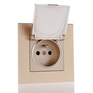 Enchufe <span class=keywords><strong>de</strong></span> Pared Francés 2P+T con Marco <span class=keywords><strong>de</strong></span> Metal Cepillado Negro, Gris y Dorado, Estándar Europeo, IP44, 16A, 250V, con Cubierta Impermeable - Product Image 1