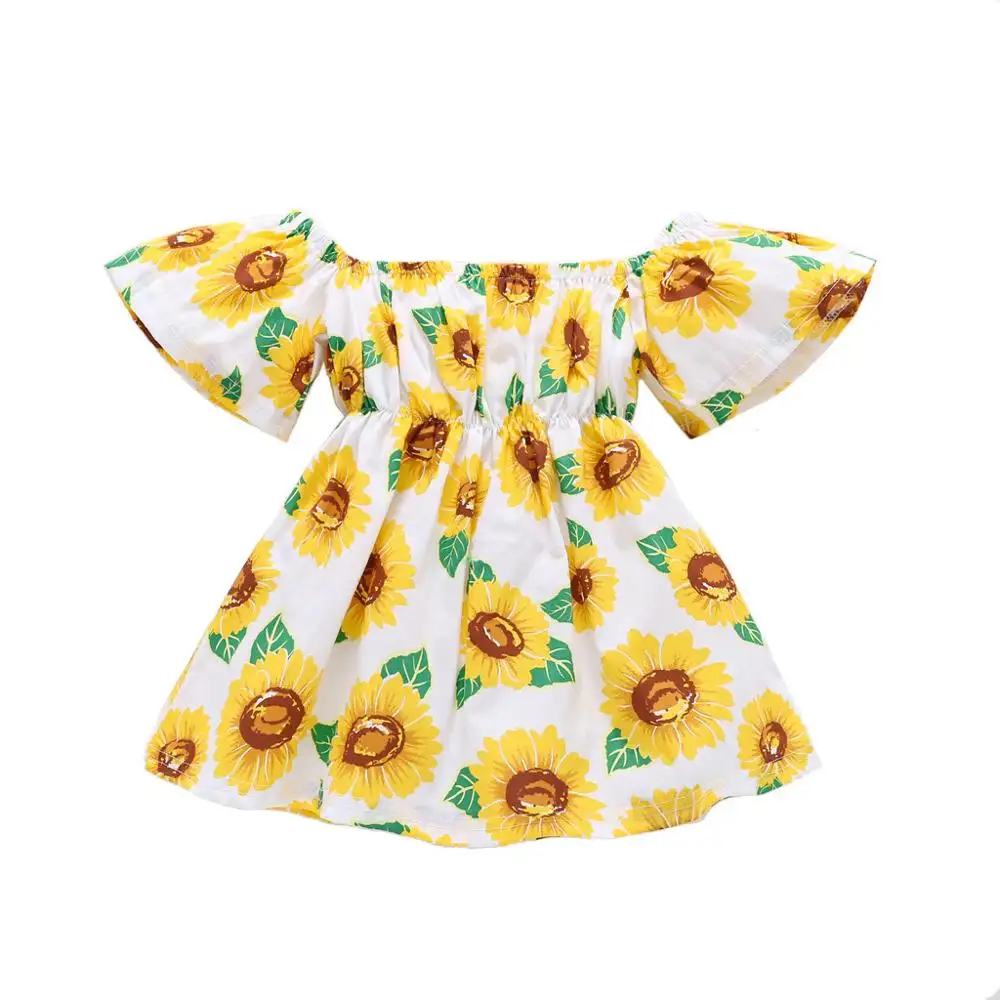 2020 Sommer Großhandel Mode neue Sonnenblume Druck Wort Schulter Baumwolle Prinzessin Kinder Kinder Kerala Mädchen Kleid