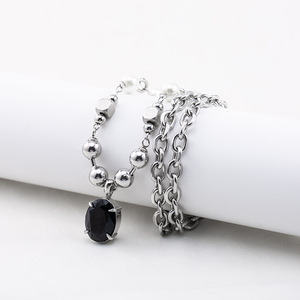 สร้อยคอแฟชั่นประดับลูกปัด ไทเทเนียมสตีล มุก หินสีดำ โซ่แบบต่อสำหรับผู้ชายและผู้หญิง - Product Image 3