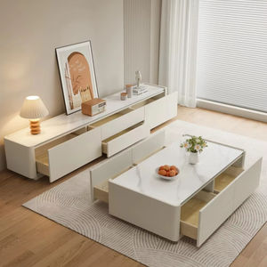 Ensemble console <span class=keywords><strong>TV</strong></span> et table basse blanc crème moderne : matériau éco-responsable, finition haute brillance, rangement avec tiroirs - Product Image 1