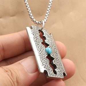 <b>Titanium</b> Steel Razor Blade Pendant With Turquoise Inlay Geometric Design Punk Retro Men's Necklace Everyday Wear - Product Image 3