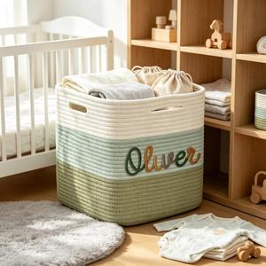 Custom Cotton <b>Rope</b> Woven Storage <b>Basket</b> with Embroidered Name, 11x11x11 Inch Green Gradient Cube Organizer Bin for Kids - Product Image 2
