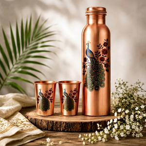 Elegante juego de botellas de agua de cobre con diseño de pavo real, estilo oriental, con beneficios para la salud, ideal para regalos y decoración del hogar. - Product Image 1