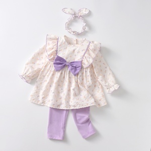 Tenue 3 pièces pour bébés filles, haut à manches longues imprimé fruits, pantalon violet avec bandeau, vêtements de princesse d'automne pour nourrissons et tout-petits - Product Image 1