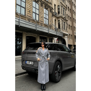 Abrigo Informal de Lana Gris con Cuello y Puños Desmontables en Color Beige, Largo, Transpirable, Cortavientos, con Cierre de Cinturón, Estampado Invernal - Product Image 2