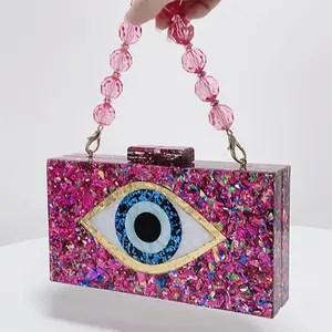 Patchwork Glitter Evil Eye Acrylic Bag PVC Plastic Box Clutches Chain Shoulder Bag Travel Evening Handbags