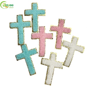 Wholesale custom Towel embroidery patches Jesus Saint Cross Patches in Iron Gold Glitter Pink Chenille for <b>Shirts</b> Hats hoodie - Product Image 2