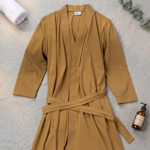 Women's Mustard Kimono Robe Full Length Three Quarter Sleeve Soft Woven Cotton Casual Bathrobe Solid Color Autumn Wear - Product Image 3