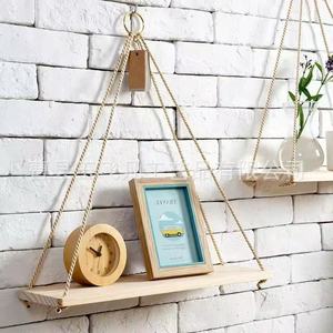 Estante Flotante de Madera Maciza Yu Feifan, Color Natural, Rectangular, con Cuerda para Colgar, para Sala de Estar - Product Image 1