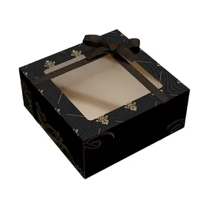Custom Floral Design Black Hinged Flap Lid Cardboard Cake Box with PVC Window and Ribbon Decoration Food Grade Bakery Packaging